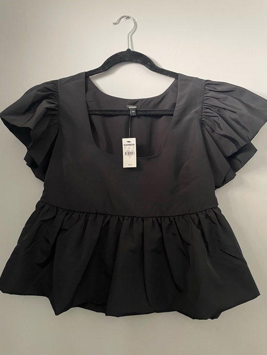 Express Tops - Express Black Puff Sleeve Peplum Blouse
